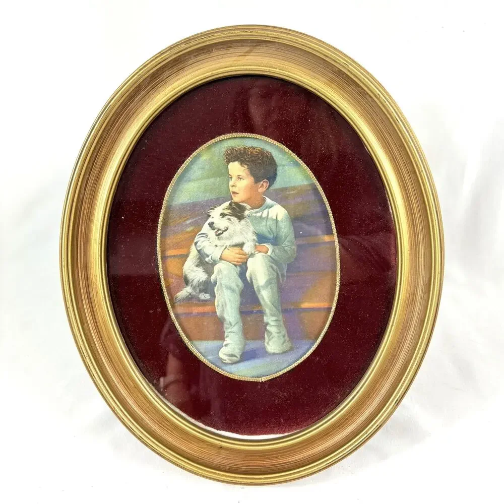 Vintage Oval Gold Tone Easel Back Frame Velvet Mat Boy & His Dog Print 12”